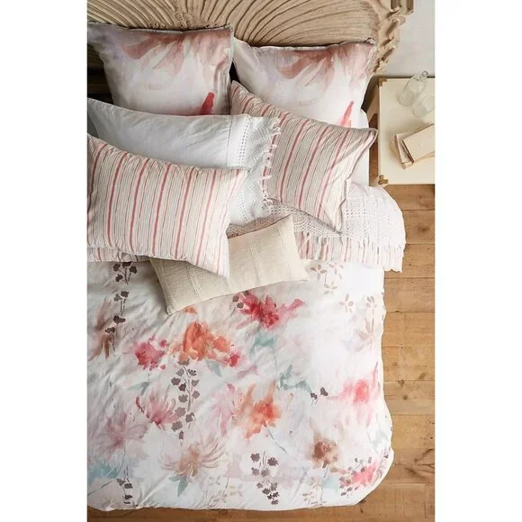 NEW Anthropologie LELIE California King Duvet Cover Floral Watercolor Muted - Picture 2 of 9